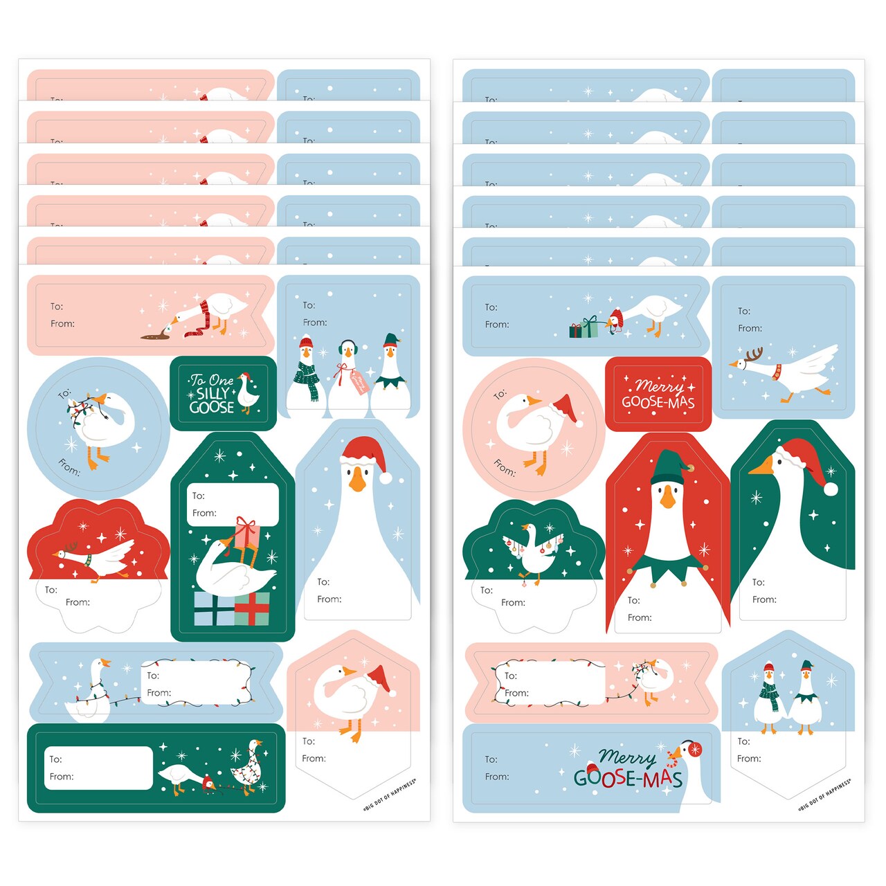 Big Dot of Happiness Christmas Silly Goose Gift Tag Stickers, Assorted Winter Holiday Gift Tag Labels, To and From Stickers - 12 Sheets - 120 Stickers